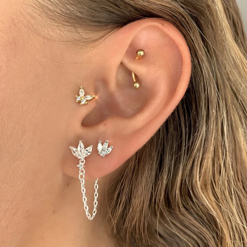 TIANDE  Silver Color Gold Plated Chain Stud Earrings for Women Zircon Piercing Huggie Earrings 2022 Fashion Jewelry Wholesale