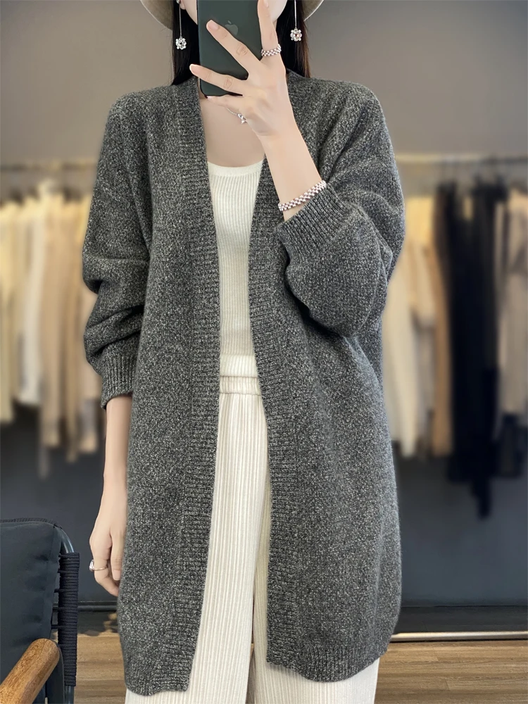 

Aliselect Korean Fashion Women Long Cardigan Autumn Winter Cashmere Sweater Casual Loose Style Coat 100% Merino Wool Knitwear