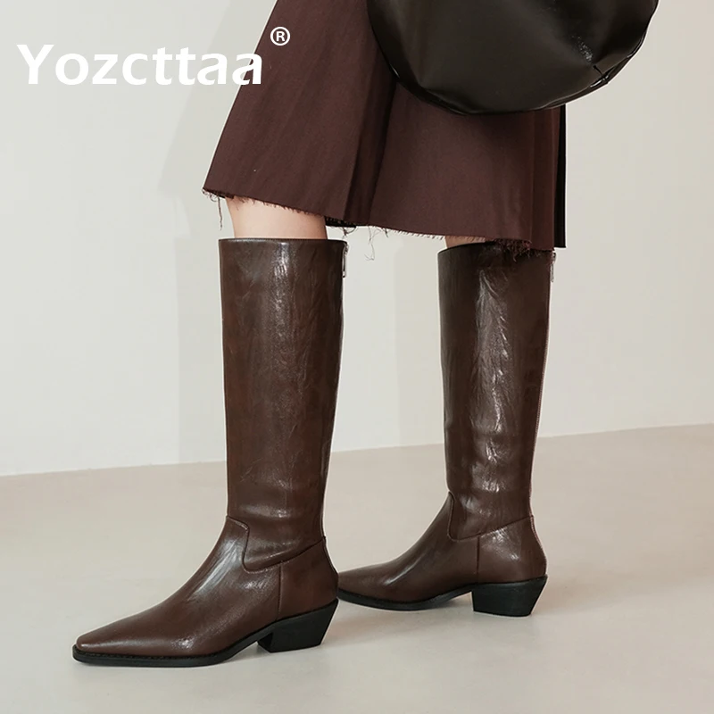 

Yozcttaa Size 34-40 Cowboy Knee High Boots For Women Real Leather Wide Calf Chunky Heels Winter Shoes 2025 Cowgirl Long Boots