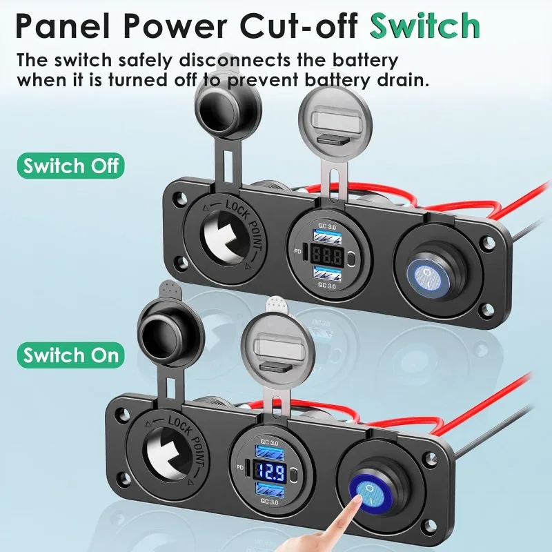 لوحة مفاتيح 3 عصابة مع شاحن USB مزدوج وخزانة سجائر، محور التحكم في الطاقة للدراجات النارية والسيارة #1