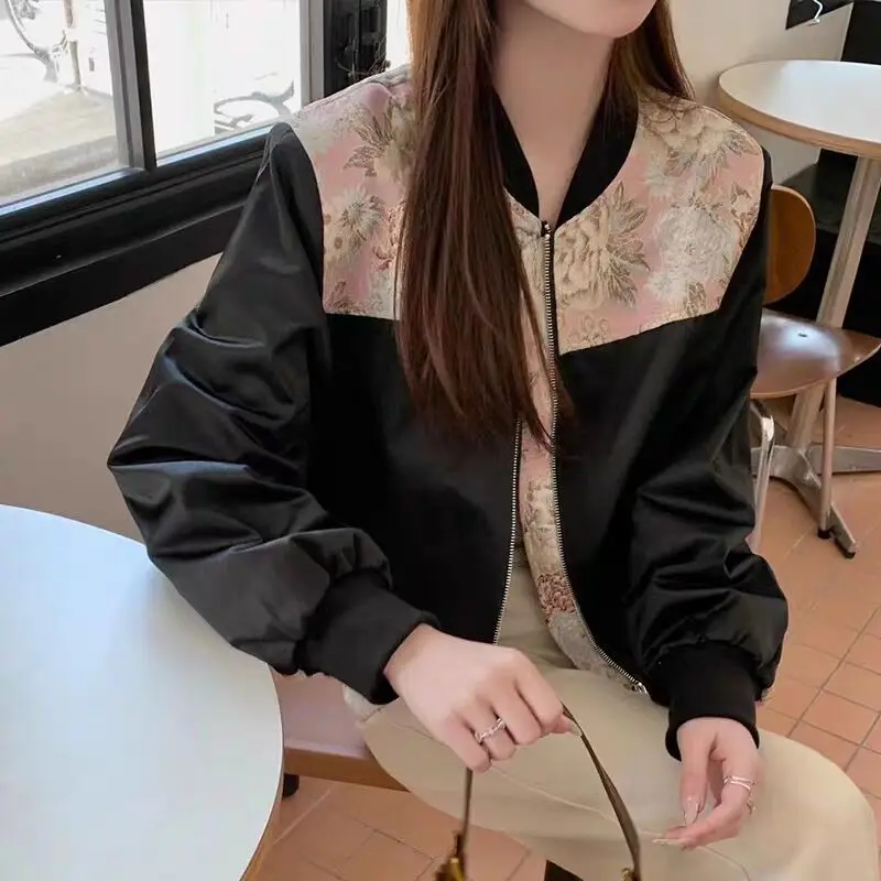 Women's Bomber Jackets Loose Patchwork Printing Spring Autumn Female Baseball Aviator Coats Korean Reviews Clothes Pretty Style