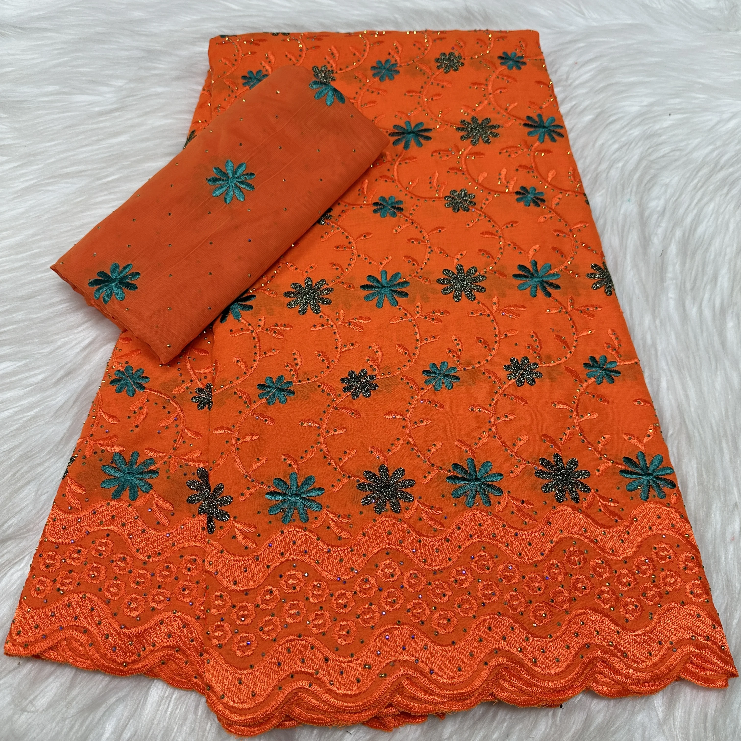 

Newest High Quality African 100% Cotton Lace Fabric 2025 Embroidery Lace With Stones 5+2 Yards Fabric For Women Wedding Dresses