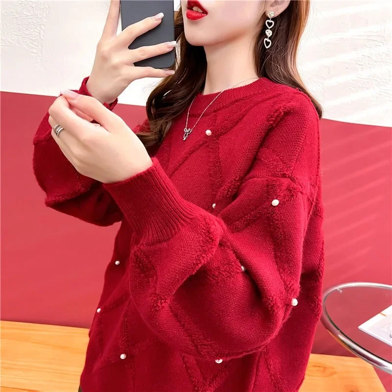 DAYIFUN-Winter Autumn Sweater Female,Vintage,Women O Neck,Nailed Bead Ringer Jumpers,Loose,Long Sleeve,Knitted Pullover Top 2023