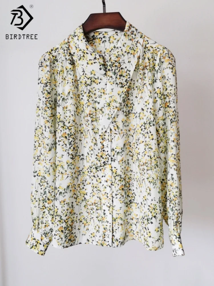 

Birdtree, блузка из 100% шелка 16 мм, женские свободные рубашки с лацканами с принтом, топы с длинными рукавами, новая рубашка весны и осени 2025 T5D308JF