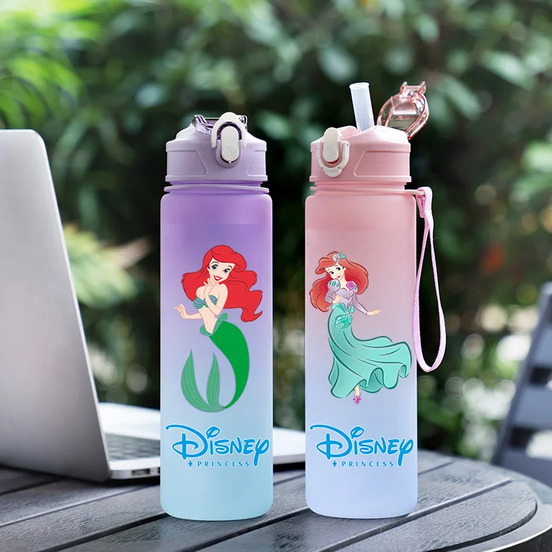 

750ml Cartoon Disney Princess Gradient Color Plastic Straw Cup Portable Outdoor Sports Large Capacity Children Drinking Cup Gift