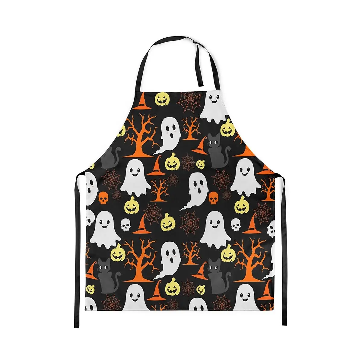 

Cartoon Ghost Apron for Home Kitchen, Witch Hat Kitchen Apron Silhouette Dark Shadows Halloween Tree Decor Pumpkin Lantern Decor