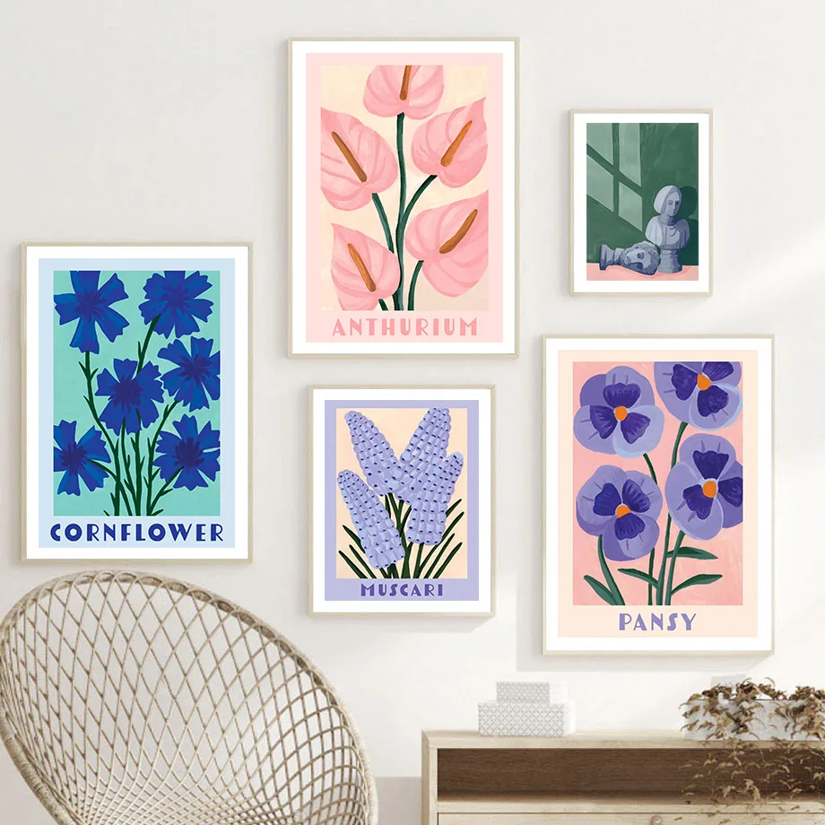 1pc frameless Canvas Painting Boho Floral Wall Art Colorful Botanical Canvas Print Anthurium Cornflower Muscari Pansy Posters Vi
