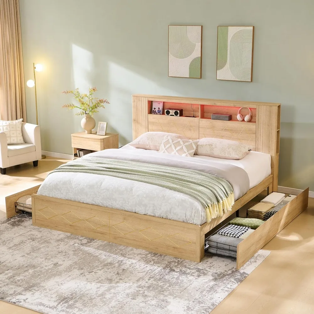 

Modern King Size Wood Bed Frame with 47" Tall Storage Headboard and 4 Drawers, Wood Platform Bed Frame with Charging Station and