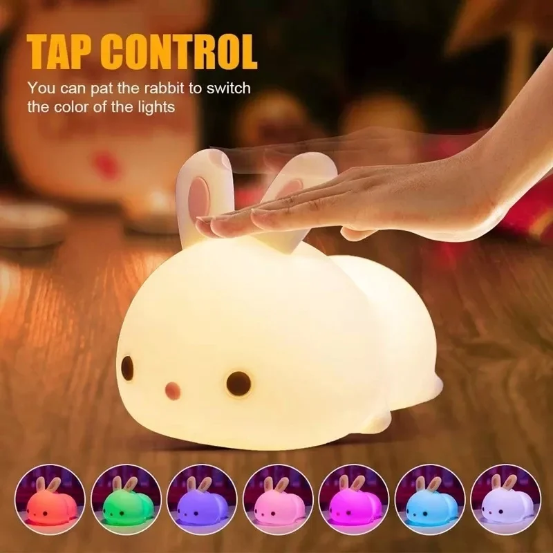 

Novelty Soft Silicone Rabbit Nightlight Timing USB Rechargeable Bedside Lamp Remote Control Portable Colorful LED Night Light