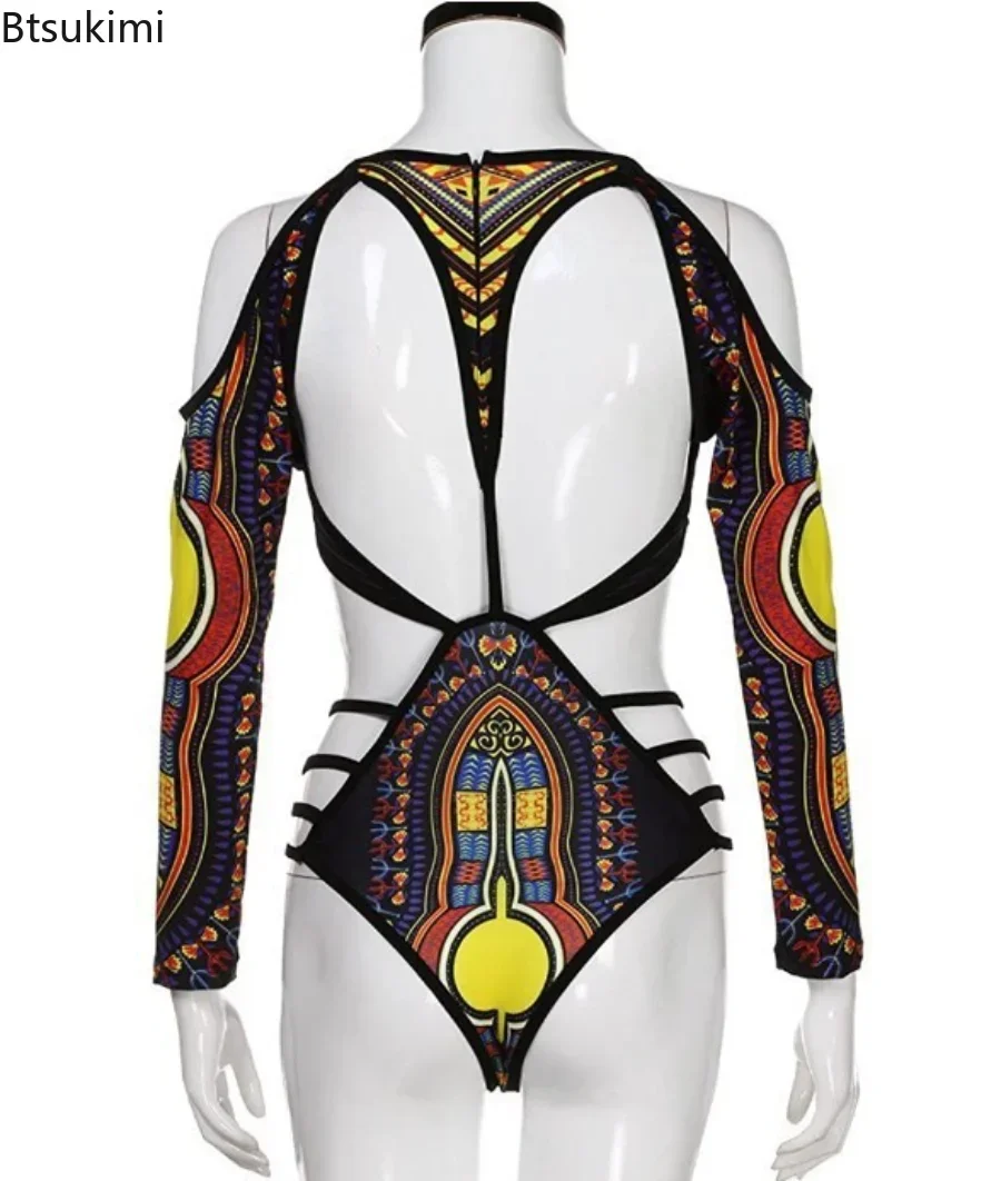 Women One Piece Swimsuit Bandage Bodysuit African Sexy Print Swimwear Female High Cut Monokini Women\'s Swimming Suit Biquini2024