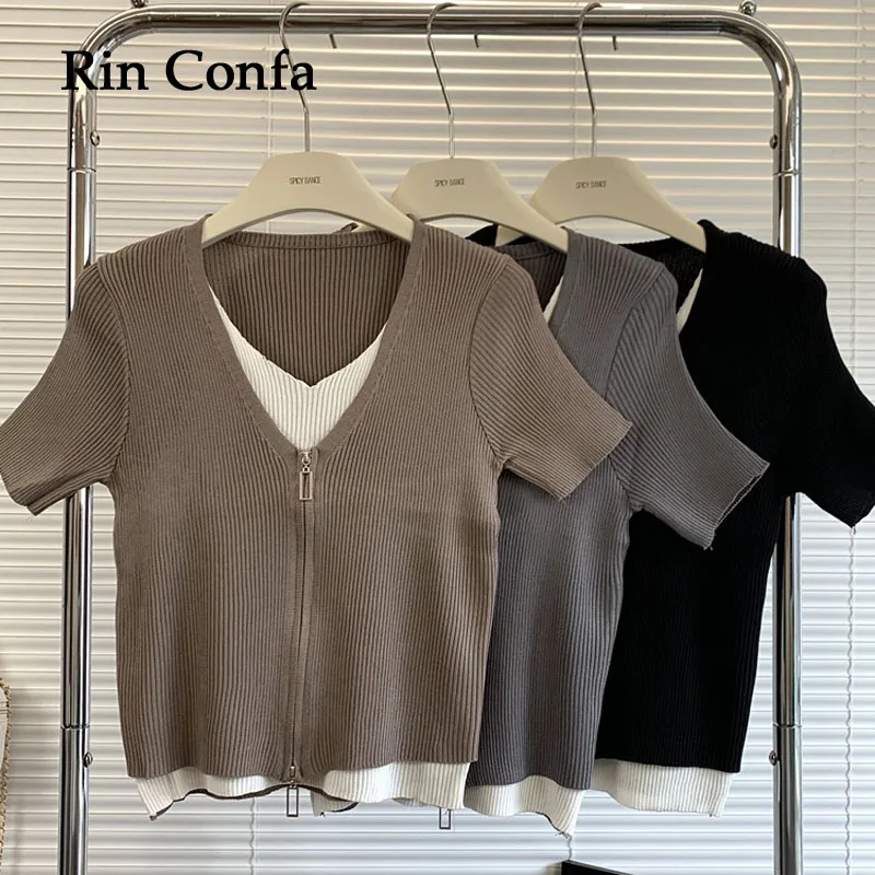 

Rin Confa Summer 2023 New Fake Two-Piece Knitted Cardigan Women's Plus-Size Women's Dress Design V-Neck All-Match Tops Women