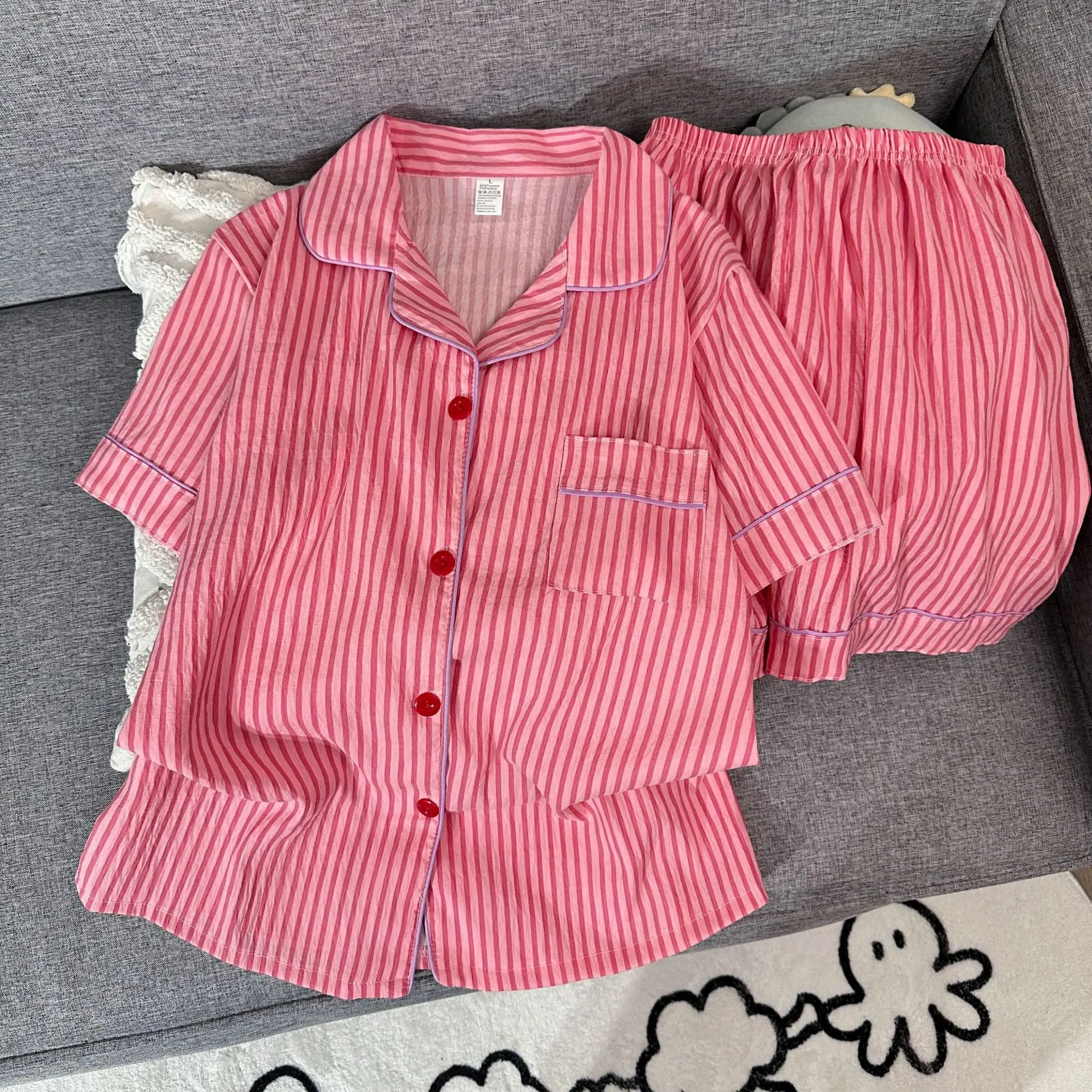 

Women's Summer Pajamas Set Short Sleeved Comfortable Red Striped Print Outerwear Student Sleepwear Homewear Girl Loungewear