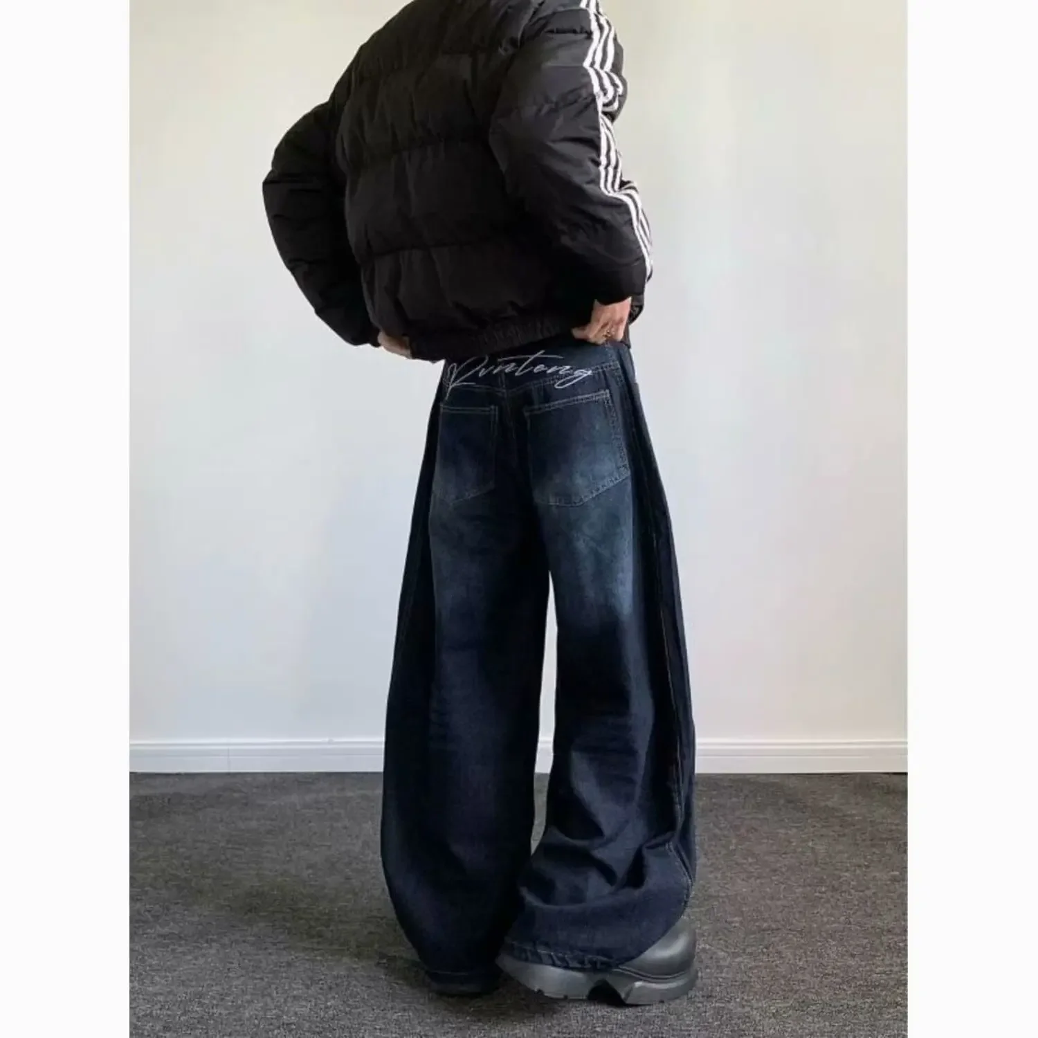 جينز نسائي بحافة سكين مطرز بحروف كلاسيكية أمريكية للفصول الأربعة شارع العليا فضفاض ونحيف وواسع الساق #3