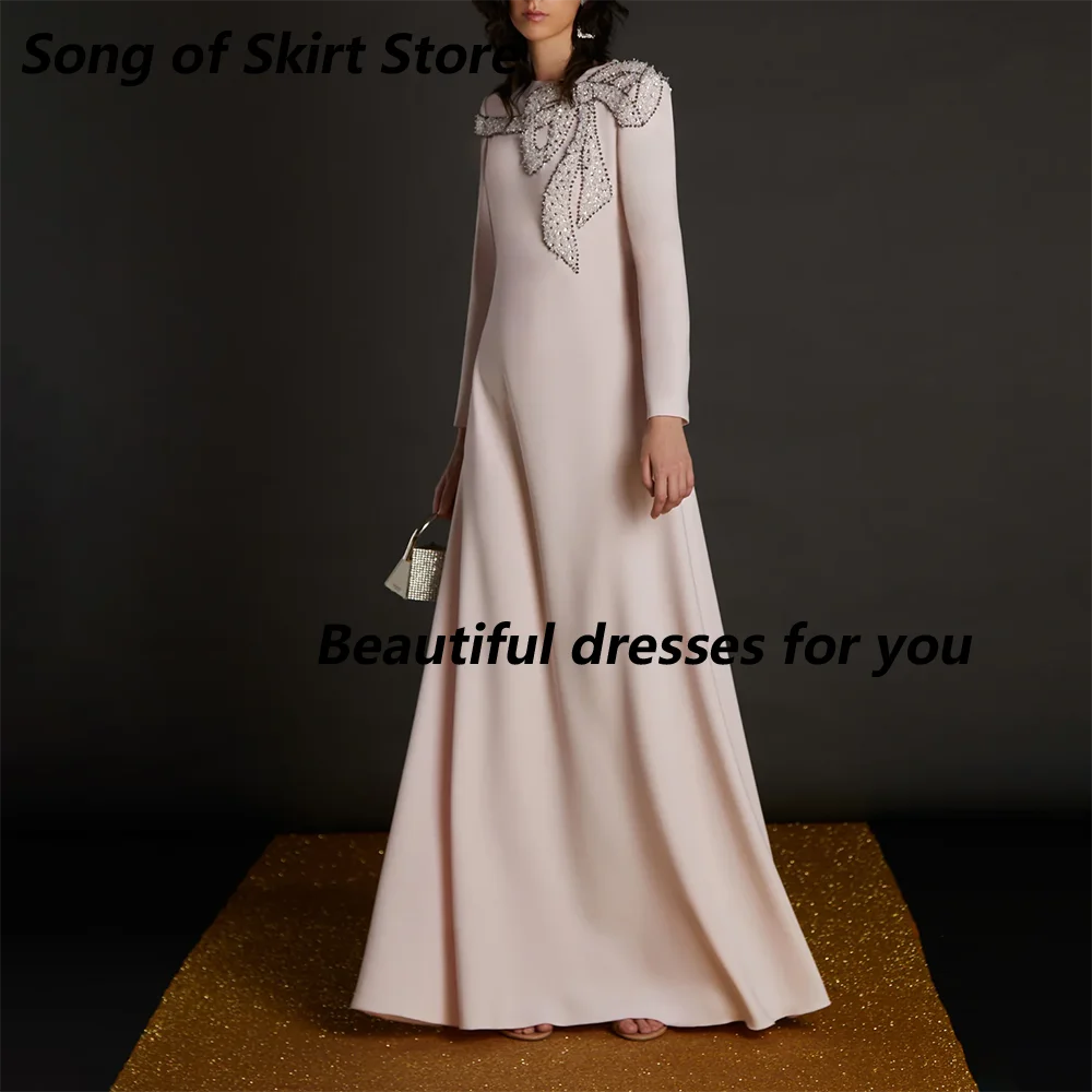 

Modest Evening Dress Customized O-Neck Long Sleeves O Neck A Line Floor Length Luxurious Formal Party Dress with Beading Bow
