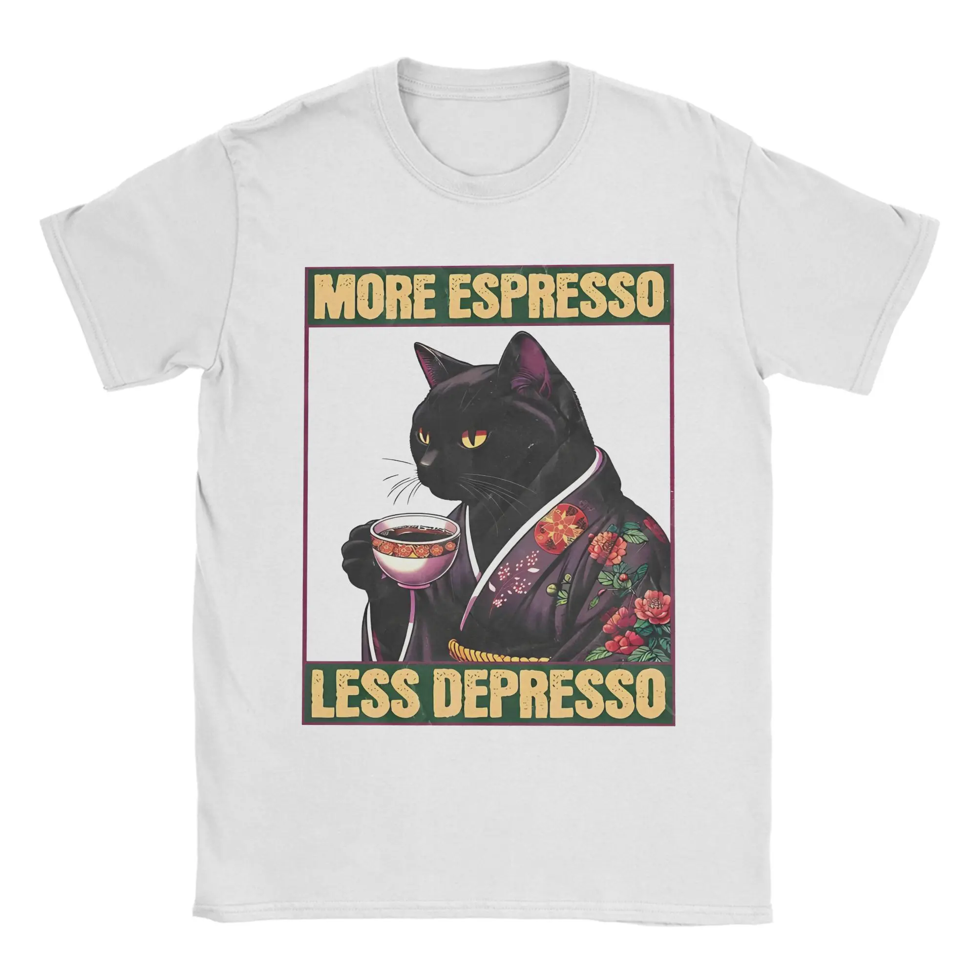 Mens Womens More Espresso Less Depresso ORIGINAL Meme T Shirt Pure Cotton Graphic Printing Tee Shirts Funny Coffee Cat Clothing