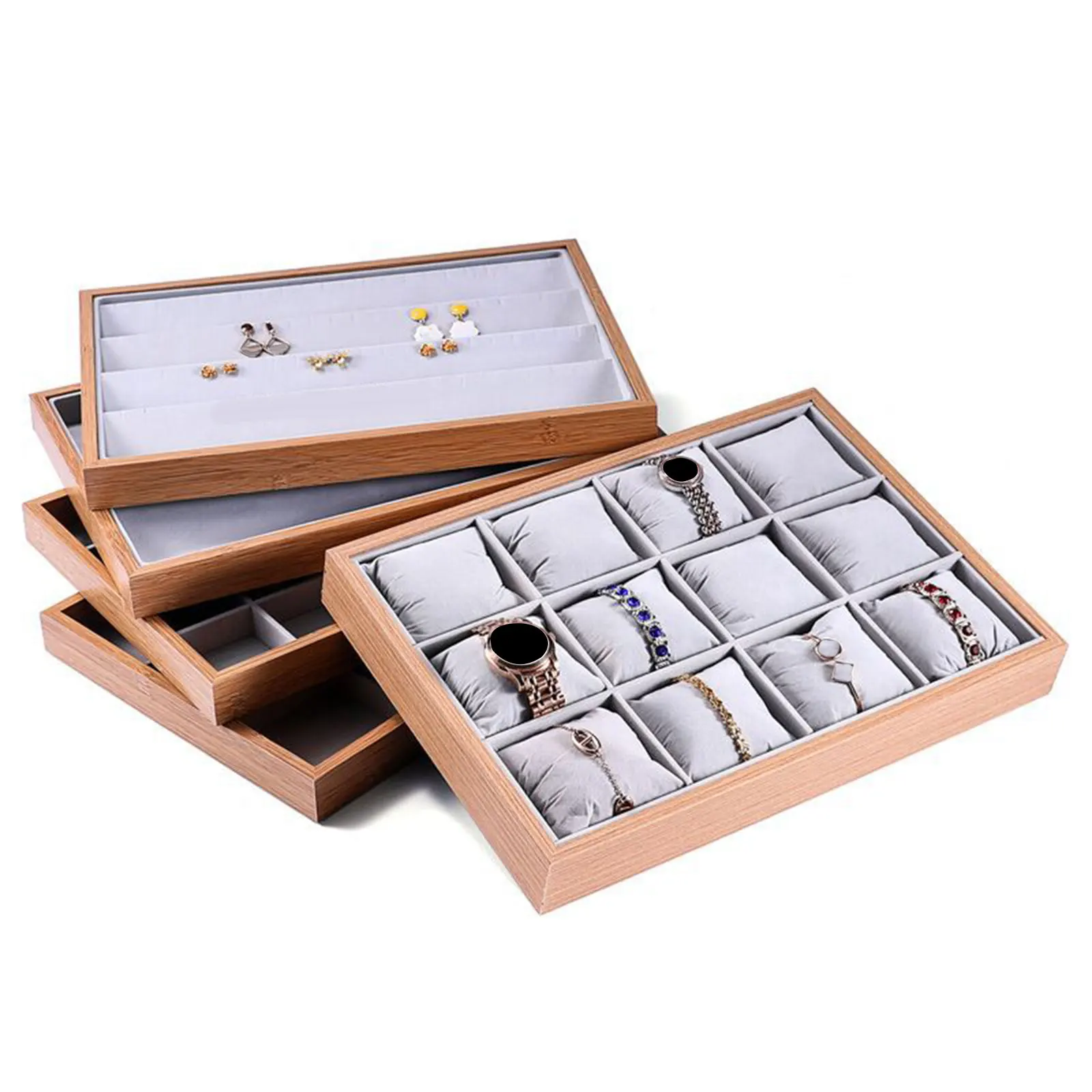 Jewelry Trays Multifunctional Bamboo Jewelry Organizer Jewelry Storage Case Jewelry Display Tray for Earrings Watches Bracelets