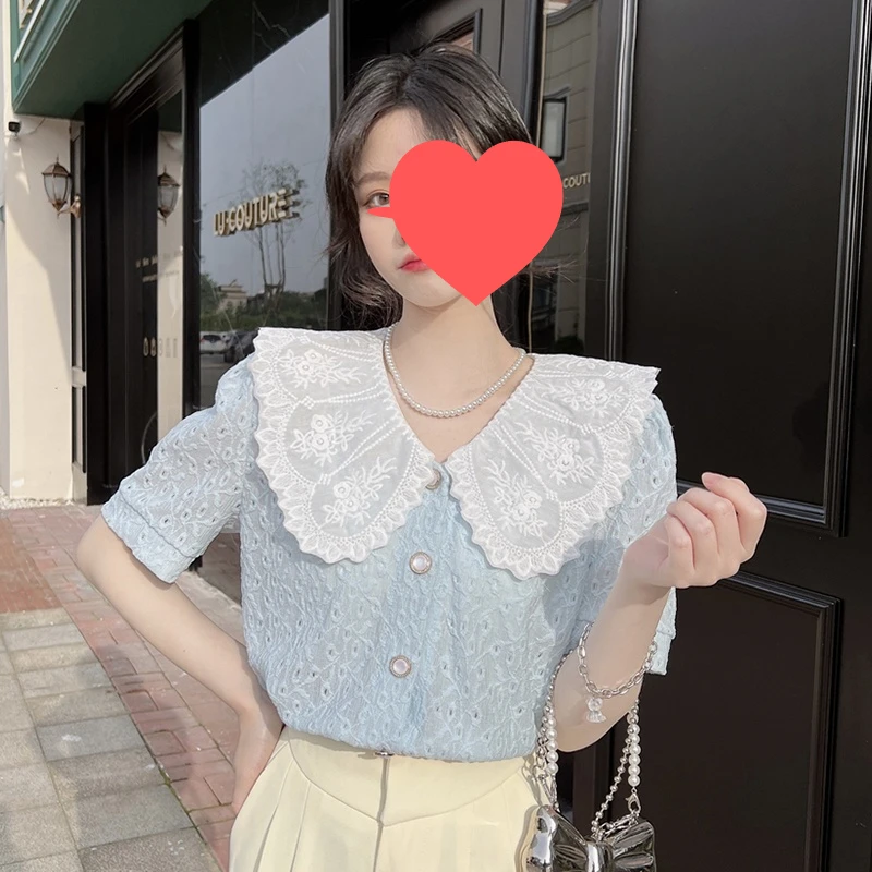 Sweet Lace Patchwork Shirt Tops Summer New Solid Color Loose Short Sleeve Hollow Out Elegant Blouse Fashion Trend Women Clothing