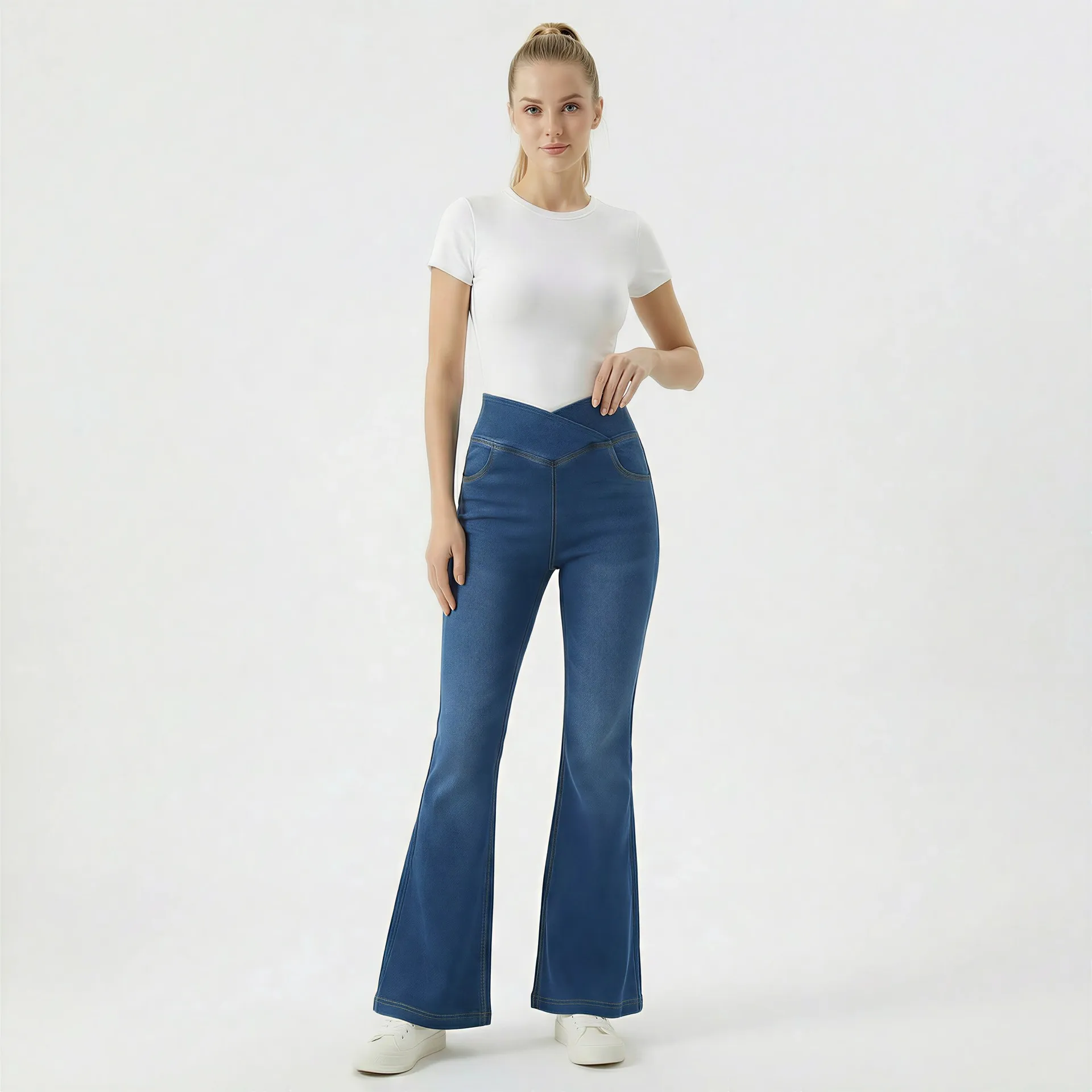 

High Waist Slim Fit Cross Waist Knitted Bell Bottom Jeans Women's Elastic Drapey Fashionable Long Pants High Elasticity