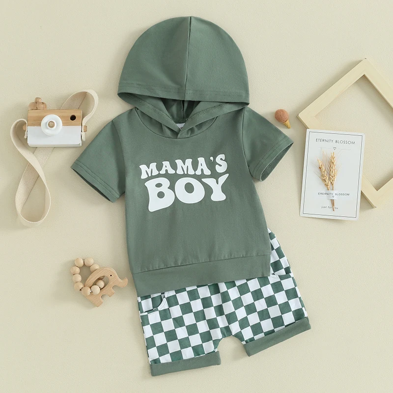 Toddler Clothes For Baby Boys Summer Shorts Set Mamas Boy Short Sleeve Hooded Shirt Checkerboard Infant Outfit