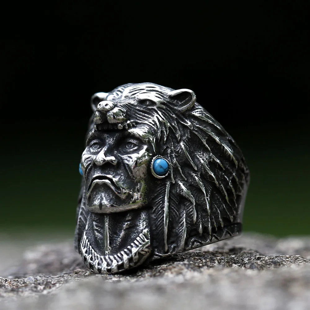 NEW Men's 316L stainless-steel rings unique Viking Warrior with Wolf head Animal Ring Amulet Jewelry Gifts free shipping