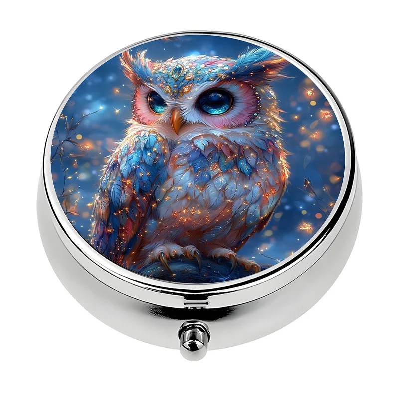 1 wallet pill organizer with 3 compartments, owl fantasy theme, portable pill case suitable for purse or handbag, metal mini pill organizer, perfect and unique gift for travel and daily use, daily medication, compact container, stylish accessory, decorative box, high-quality manufacturing, multi-compartment box, small pill box, frequent travelers, organized lifestyle