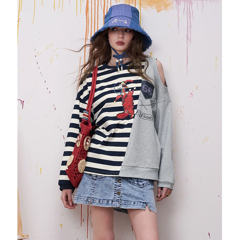 ELFSACK Preppy Striped Long Sleeve T-Shirt with Asymmetrical Shoulder Cutout, Graphic Colorblock Contrast Stitch Tee
