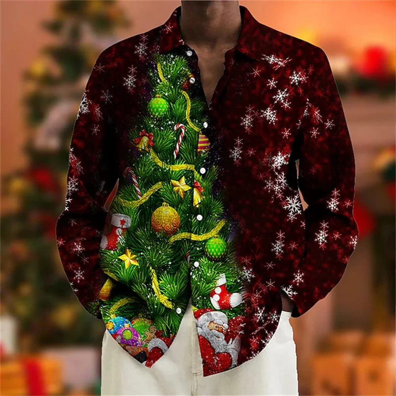 Christmas Men's Christmas Tree Print Shirt Lapel Purple Black Green Yellow Wine Red 3D Street Long Sleeve Button Shirt