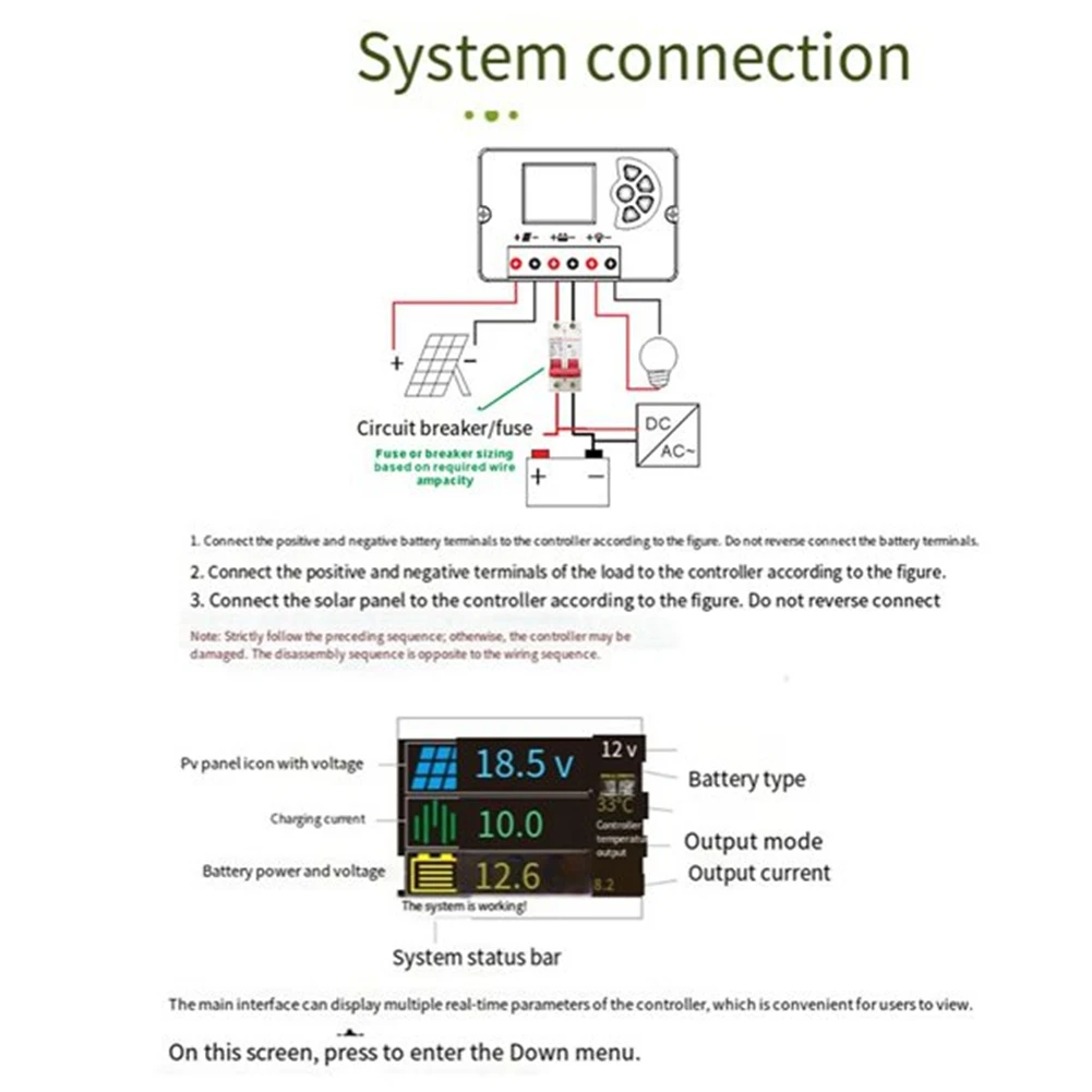 Contrôleur de Charge solaire PWM A74X-12V/24V, avec écran LCD couleur, tension réglable, Support multi-batterie