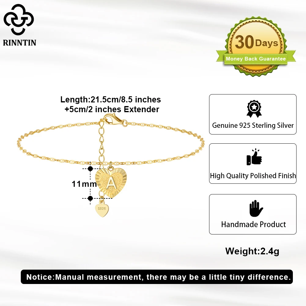 Rinntin 925 Sterling Silver Mariner Chain Letter Initial Anklets for Women Elegant Initial Heart Ankle Foot Chain Jewelry SA32