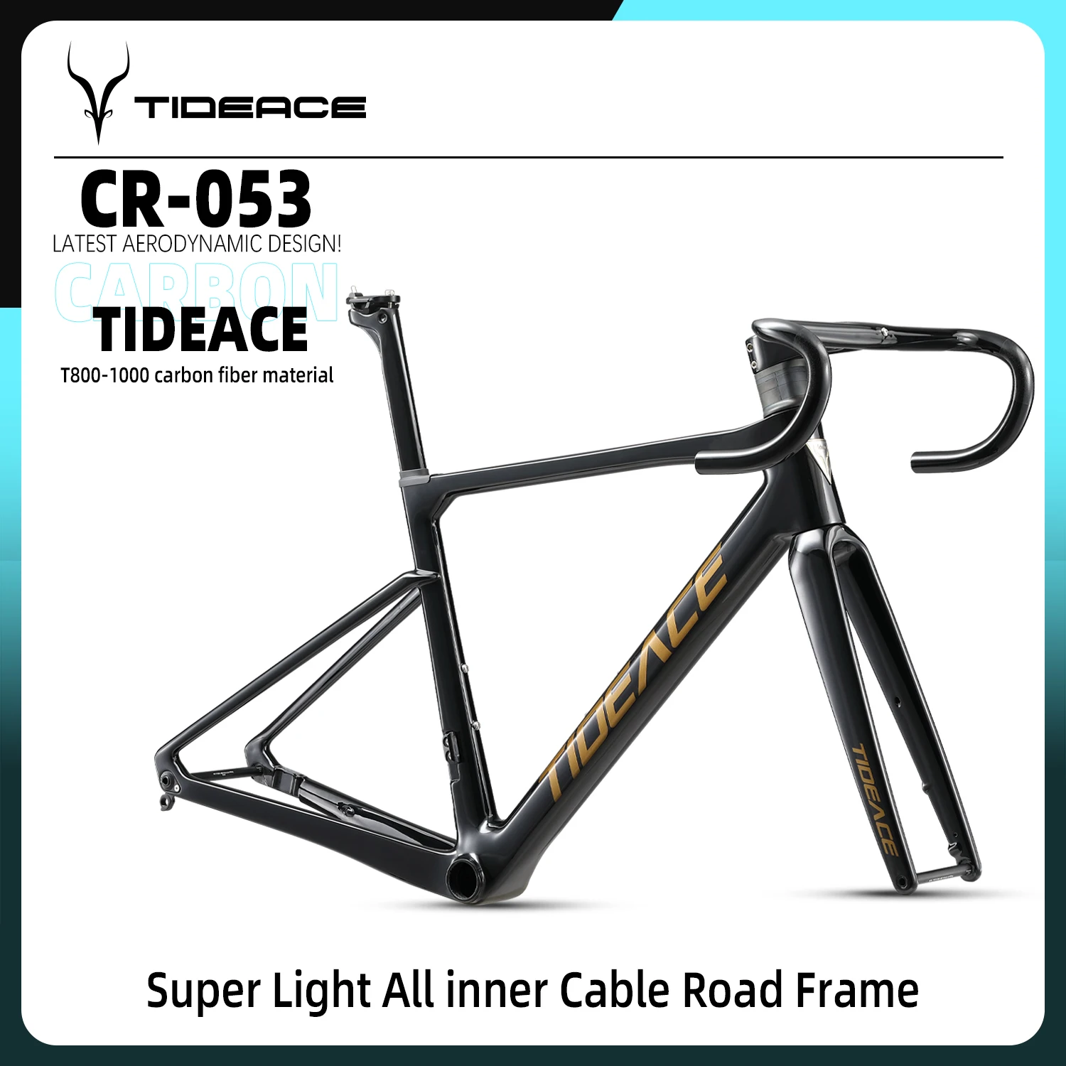 Tideace Ultra Light Weight Carbon Fiber Road Bike Frame Disc Brake All Internal Cable Bicycle Frameset Integrated Bar