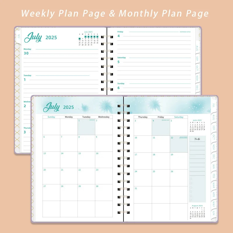 A5 2025-2026 مخطط أسبوعي وشهري دوامة ملزمة بولي أغطية أغطية جلد جيب داخلي جداول يومية دفتر التقويم مع علامات التبويب