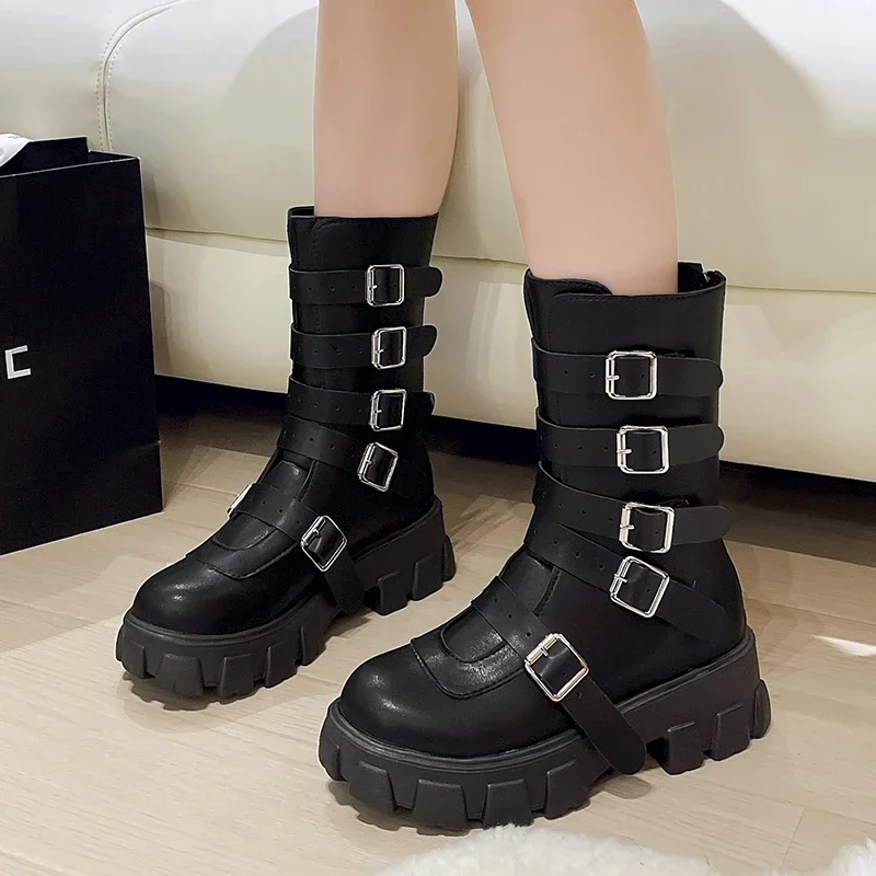 Women Shoes High Quality Zipper Women's Boots Autumn Round Toe Solid Middle Tube Platform Chunky Heels Large Size Fashion Boots