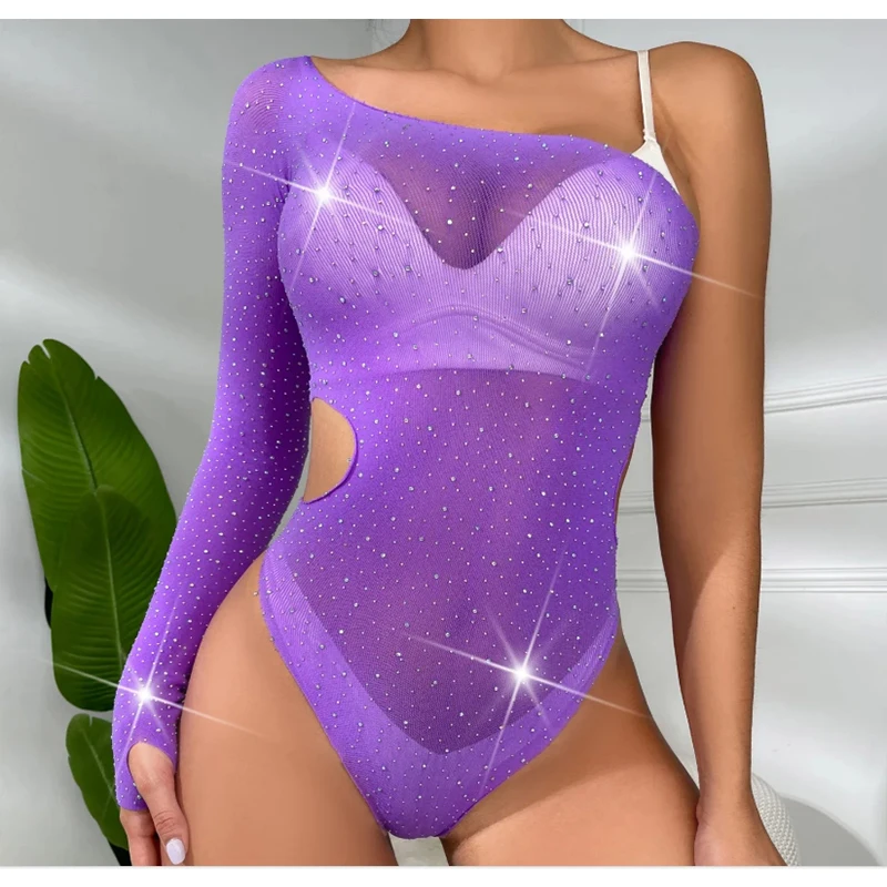セクシーなラインストーンワンショルダードレスボディスーツ女性ダイヤモンドワンピースダンスウェアランジェリー