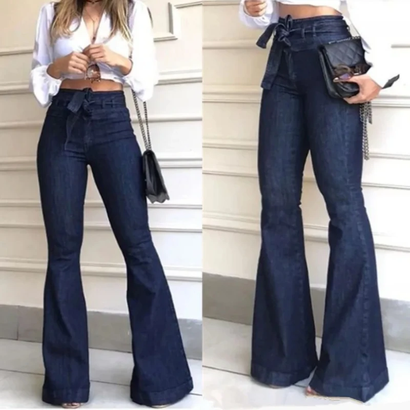 

Women Jeans Solid High Waist Flare Denim Pants Zipper Fly High Waist Wide-Leg Denim Jeans With Belt Lady Elegant Slim Fit Pants