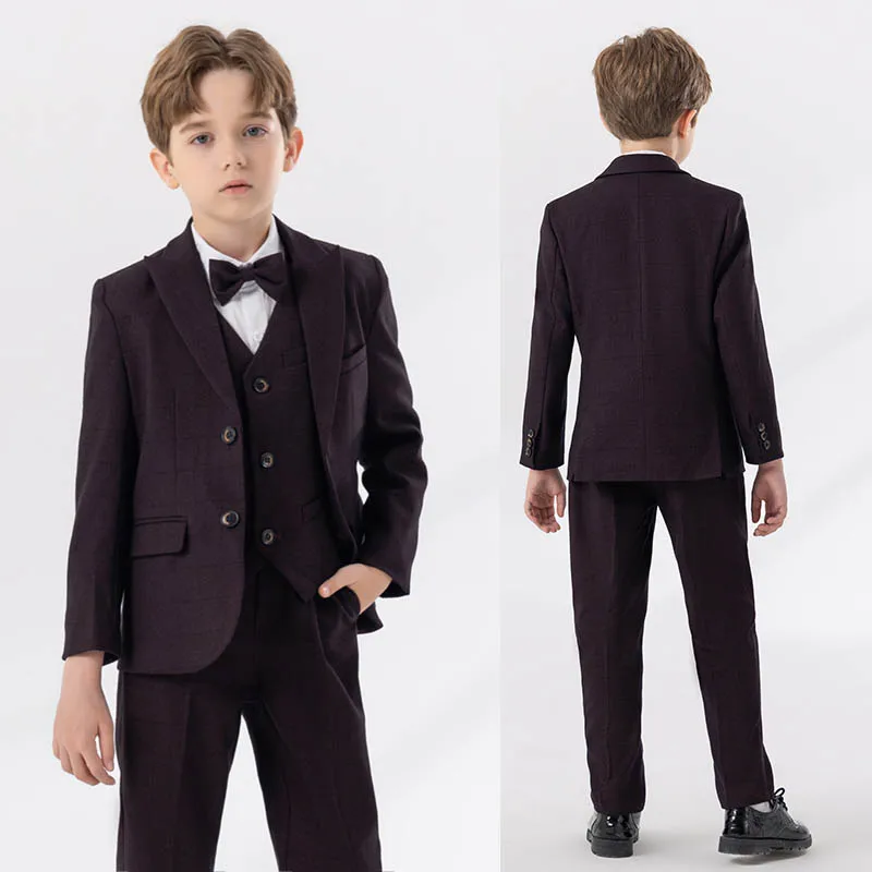 

Children Dark Red Jacket Vest Pants Bowtie 4PS Piano Party Dress Kids Ceremony Photograph Suit Flower Boys Performance Costume