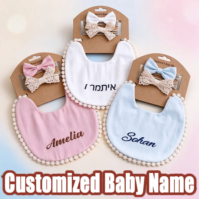 Custom Personalized Baby Bibs with Headband Set Embroidered Name Newborn Girl Gift Soft Cotton Infant Bib Hair Accessories