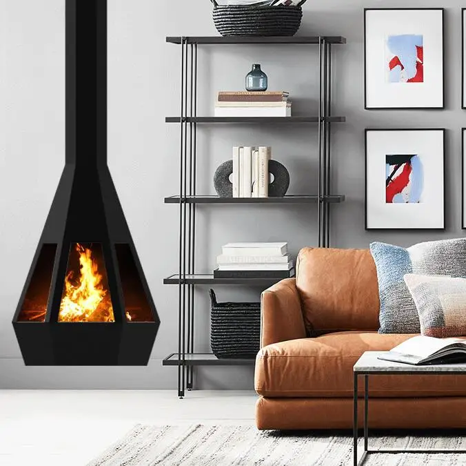 Modern design hanging fireplace and German wood burning stove