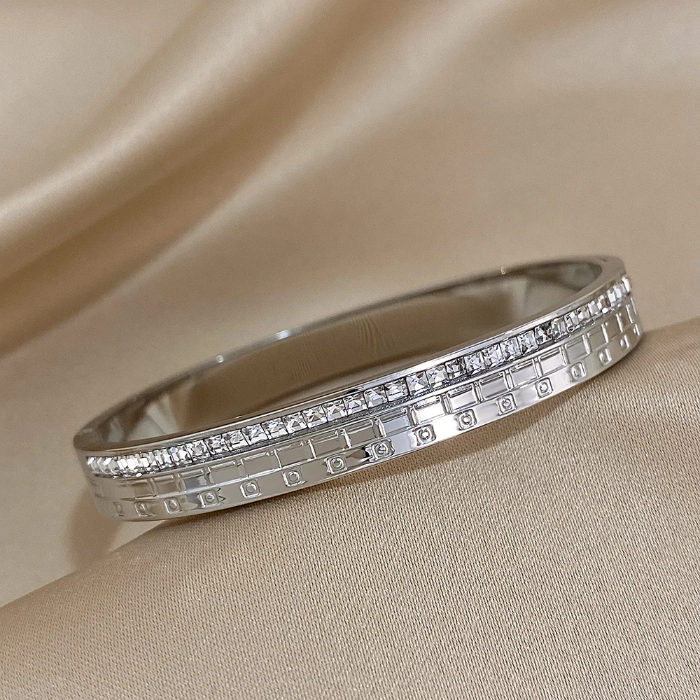 Freetry Trendy Stainless Steel Square Cubic Zirconia Bangles Luxury Geometric Bracelets for Women Charm Waterproof Jewelry