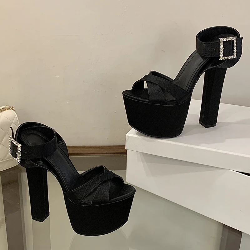 Eilyken New Summer Solid Platform Square High Heels Women Sandals Fashion Crystal Buckle Strap Open Toe Party Shoes view 4