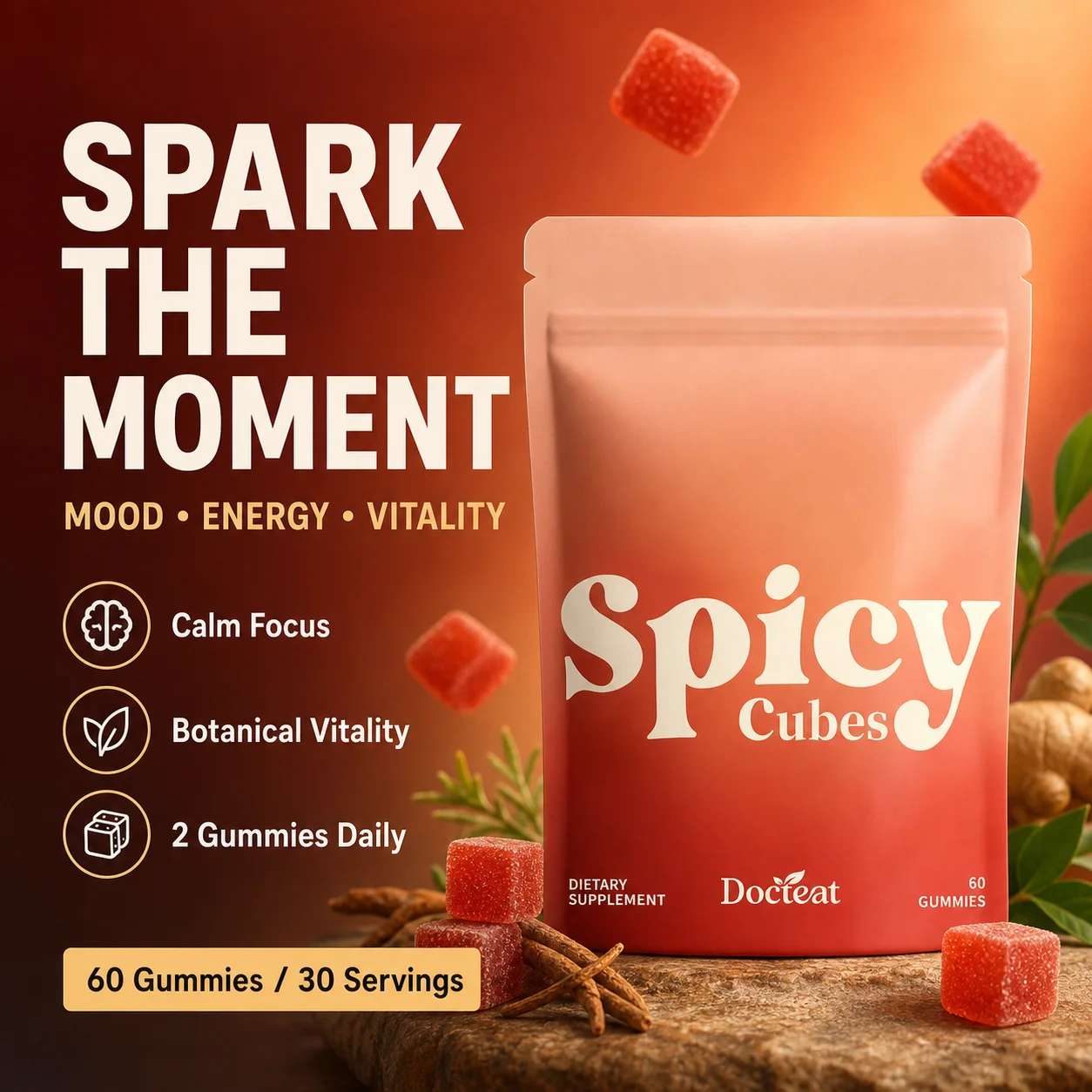Docteat Spicy Cubes Gummies with Caffeine + L-Theanine Stack for Calm Focus, Mood, Energy & Adult Vitality Support, 60 Count