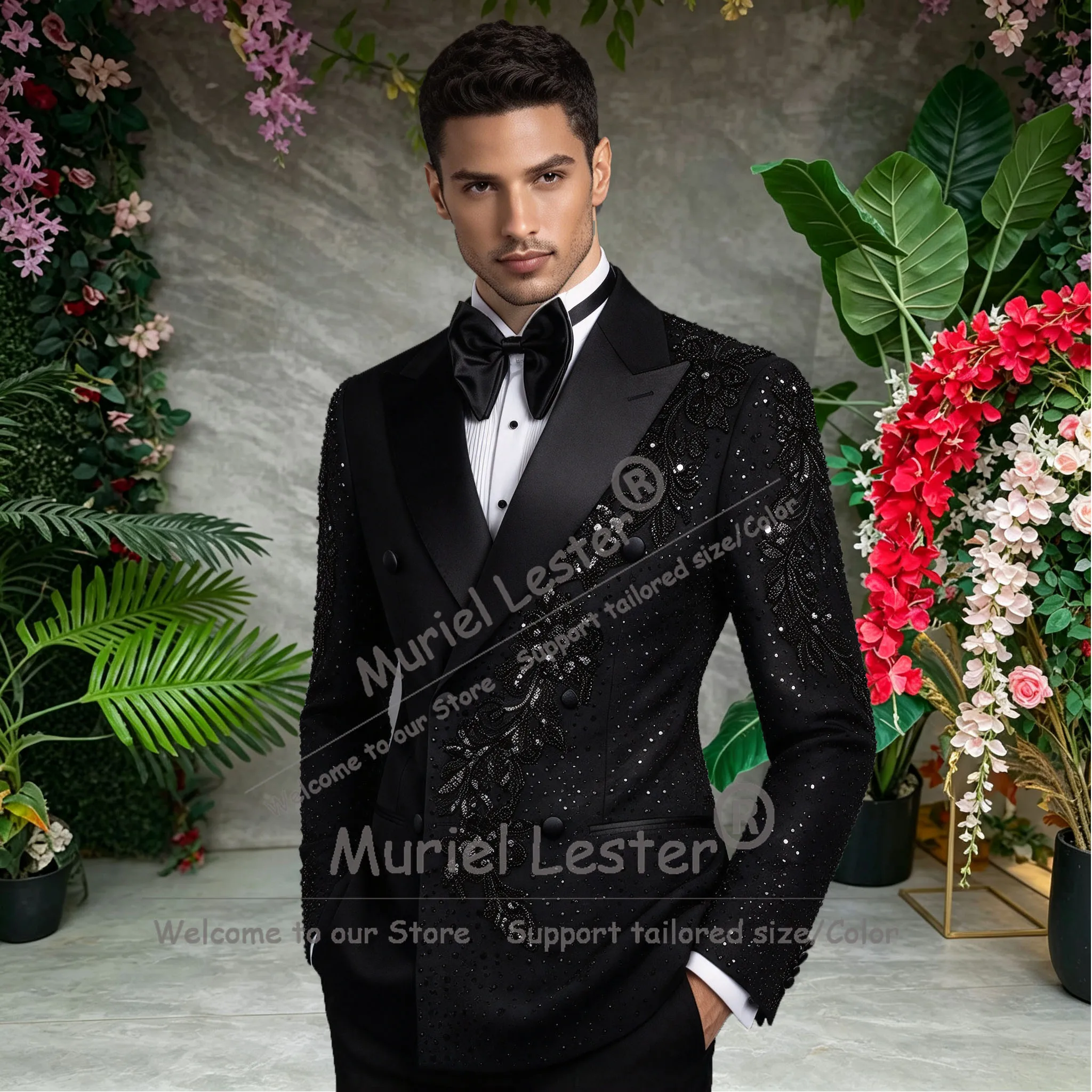 Hand Work Groom Wedding Suits For Man Slim Fit Beaded Stones Jacket Pants 2 Pieces Sets Double Breasted Groom Tuxedo Man Outfits