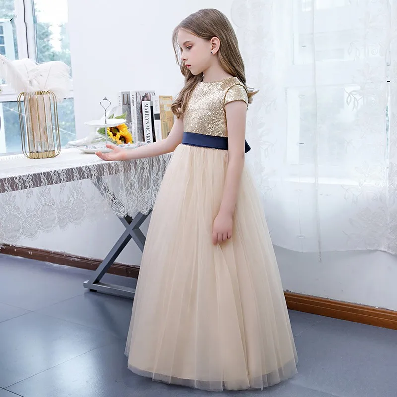 Flower Girl Dress Cutest Bow Sequins Tulle Short Sleeves Evening Party Dresses Junior Bridesmaid Girls Birthday Customize Gowns