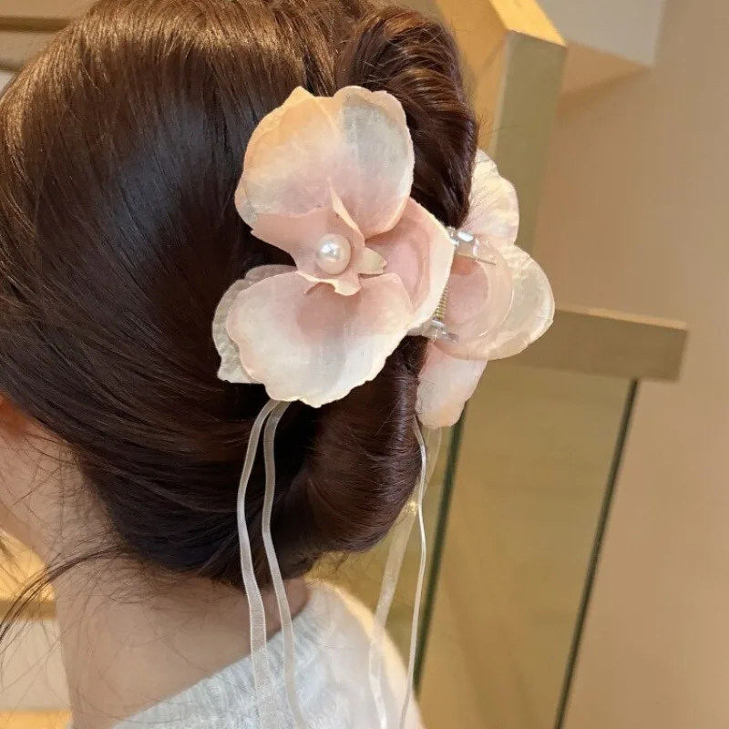 Advanced New Chinese Flowers Hair Clips with Silk Ribbon Retro Phalaenopsis Gentle Hair Claws Girl Hair Accessories For Women