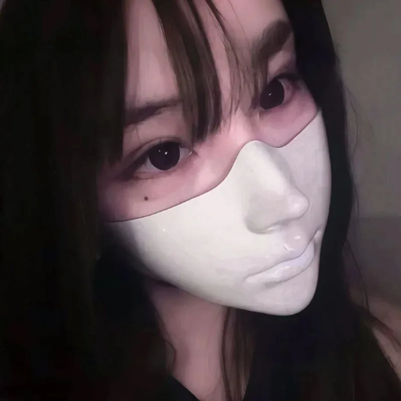 Bionic Half Face Mask for Cosplay Halloween Cyberpunk Lightweight ABS Breathable Hollow Design Adjustable Black White Bloodstain