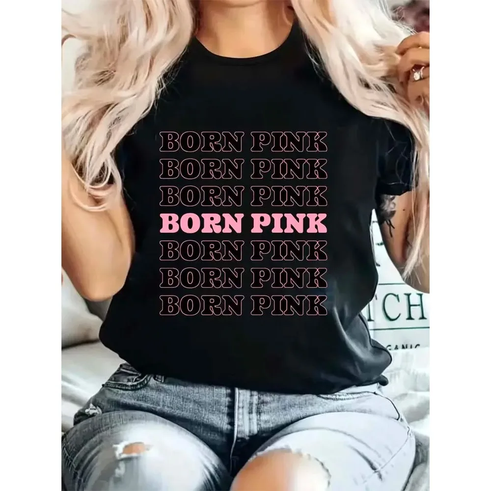 

T-Shirt Cartoon Born Pink World Tour Sweet Print Summer New Fashion Cute O-Neck Print Basic Clothing Top Black Fun Street T-Shir