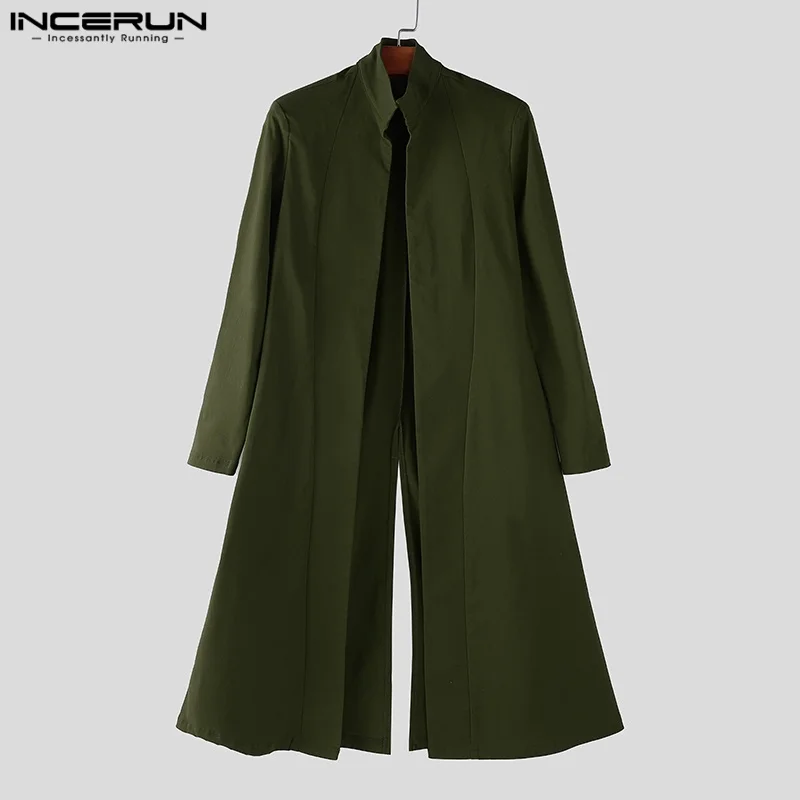 INCERUN Men Trench Solid Coats Stand Collar Long Sleeve 2025 Fashion Long Style Windbreaker Streetwear Casual Thin Outerwear Men