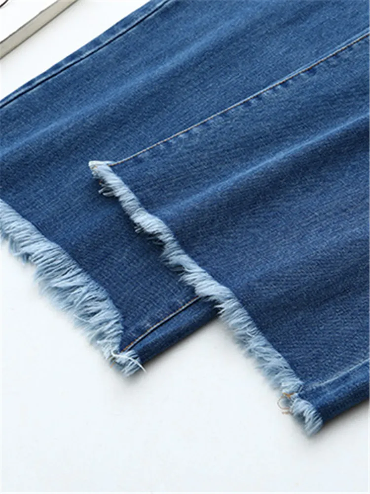 Jeans feminino elástico na cintura sem estiramento, calças de perna reta, tamanho grande, areia lavada, primavera e outono