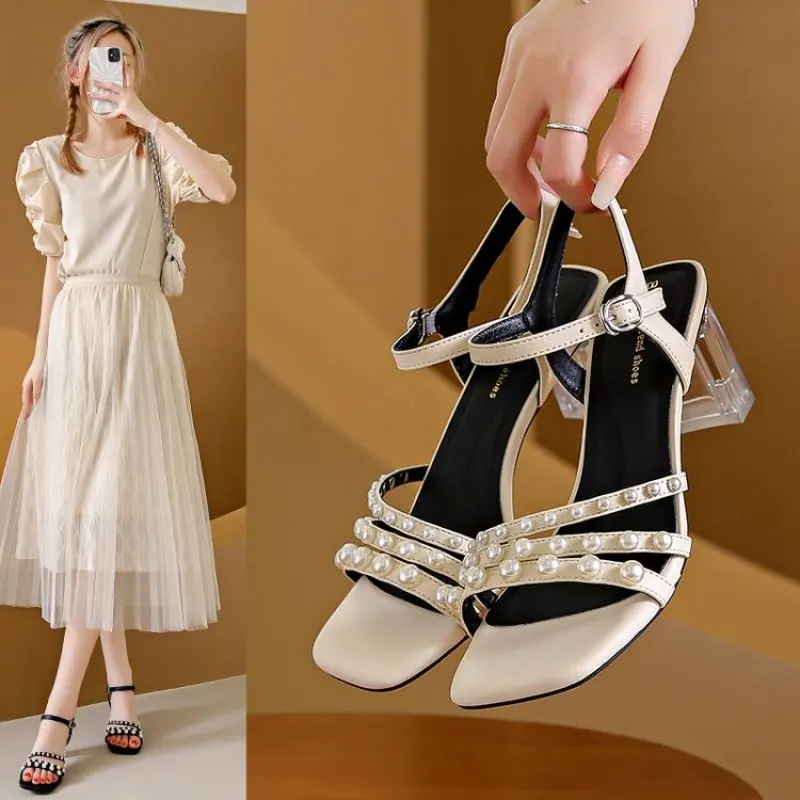 

2024 Elegant Silver Women High Heels Sandals Pearl Deisgn Clear Heels Ladies Wedding Shoes Sexy Woman for Party Small size 33 34