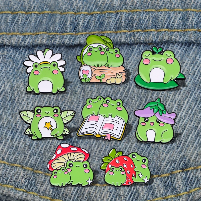 

Cartoon creative silly and cute little frog brooch jewelry creative green leaf frog shape drip oil badge