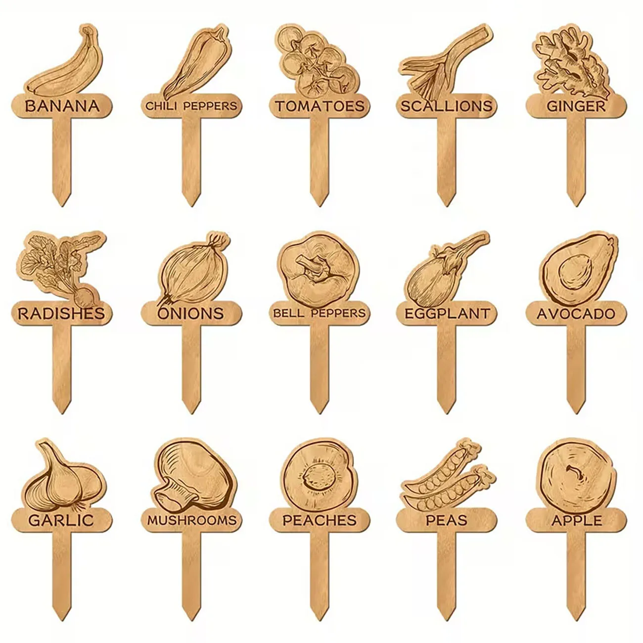15 Pcs Wooden Engraved Fruit Vegetable Plant Markers Garden Stakes Tags for Pot Planting Decoration